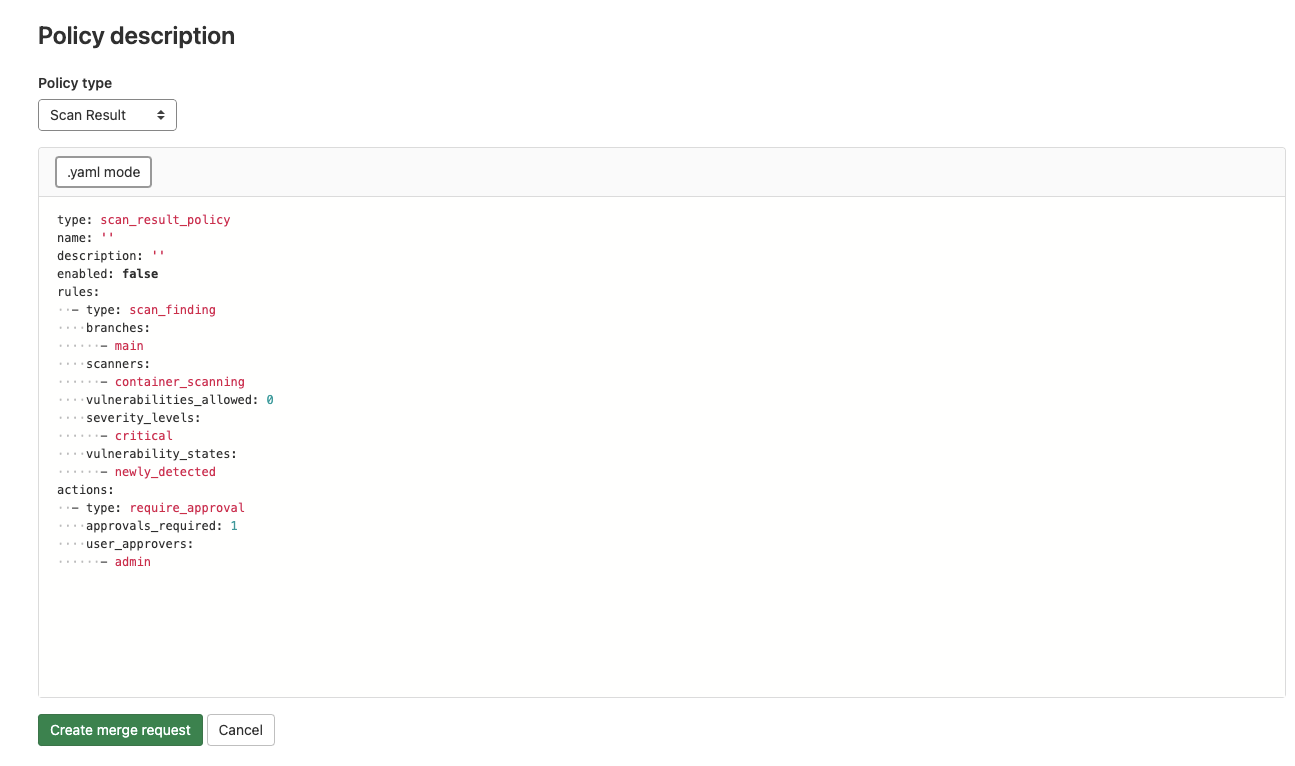 Scan Result Policy Editor YAML Mode